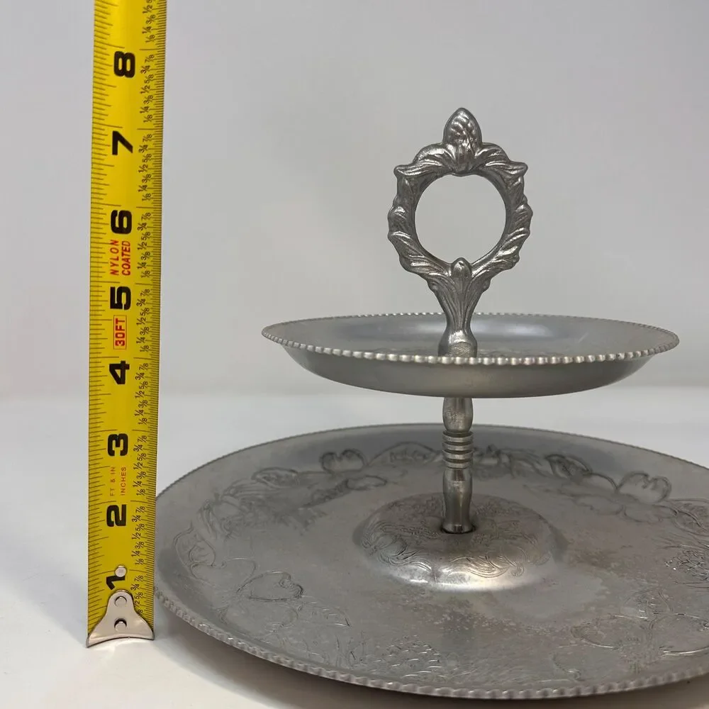 Vintage 2 Tier Hammered Aluminum Serving Tray Mid Century Dogwood Dessert Stand